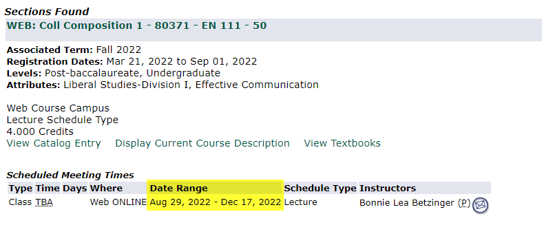  A screenshot of a course search result showing an example of a date range.