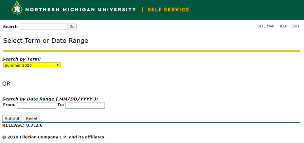  Screenshot of how to select the appropriate NMU academic term