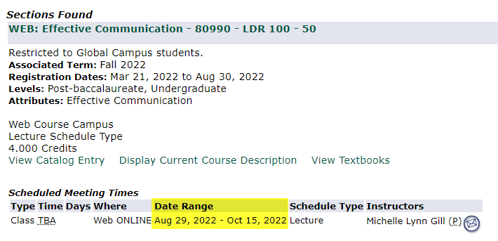 A screenshot of a course search result showing an example of a First Block date range.