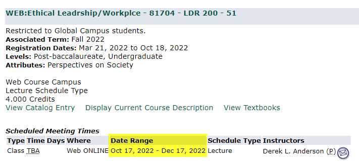 A screenshot of a course search result showing an example of a Second Block date range. 