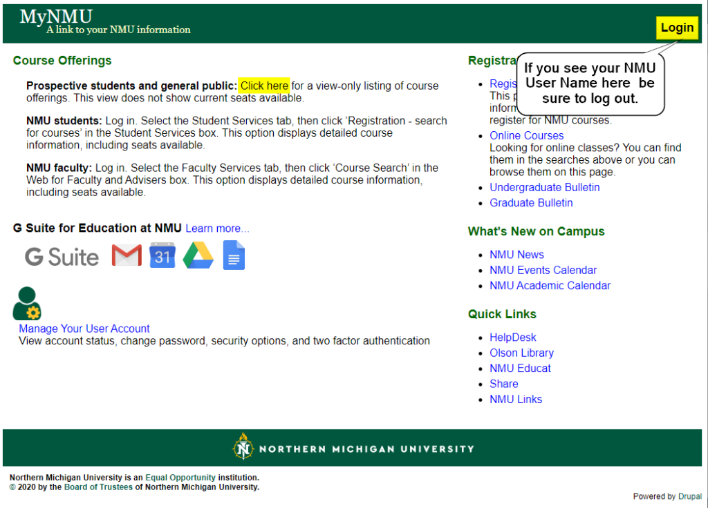  Screenshot of the MyNMU course offerings page