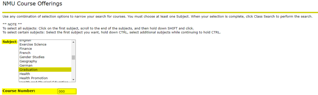  Screenshot of an example for how to find graduation in the NMU course search to register for graduation.