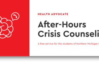 A white outline of a brain on a red background with message and phone call icons surrounding it. The text reads "Health Advocate After-Hours Crisis Counseling" and "A free service for students of Northern Michigan University."