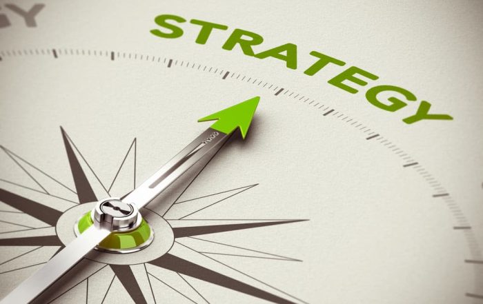 A conceptual image of a compass needle pointing the green word strategy