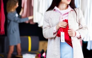 A woman attempts to shoplift in a clothing store.