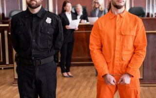 A bailiff stands next to a criminal defendant, with lawyers discussing the case in the background.